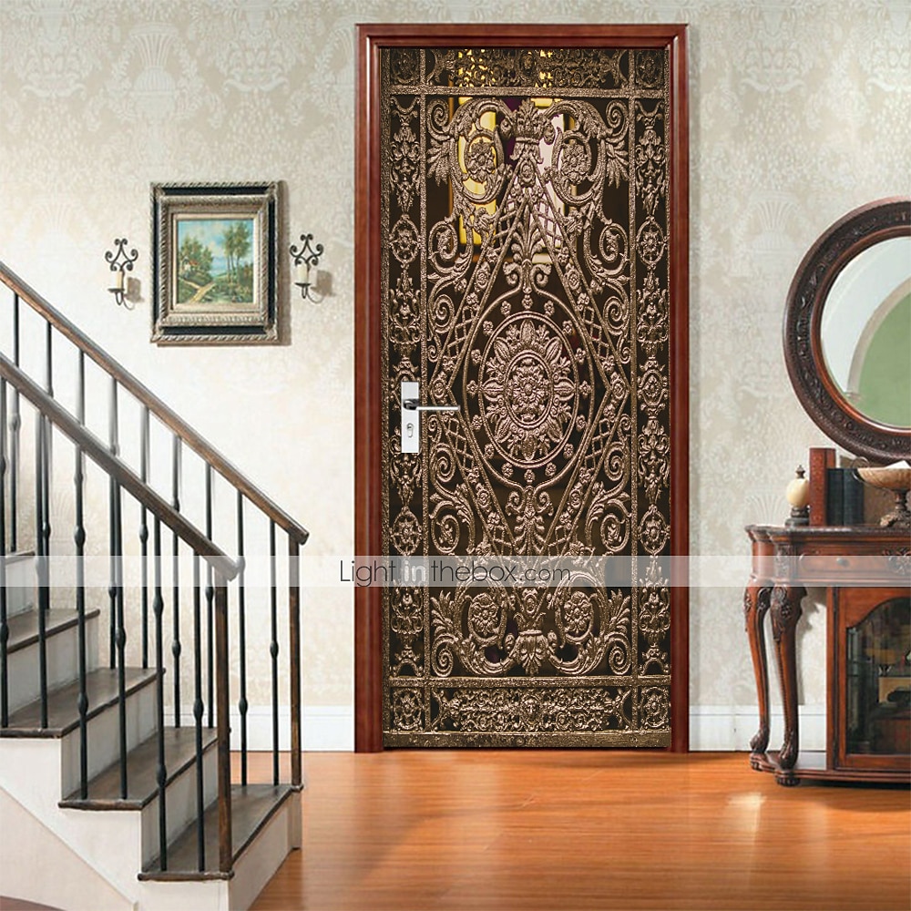 Pegatinas de puerta creativas autoadhesivas de puerta de hierro forjado dorado, pegatinas de pared impermeables decorativas diy para el hogar, 77*200cm para dormitorio y sala de estar 2025 - $29.99 –P6