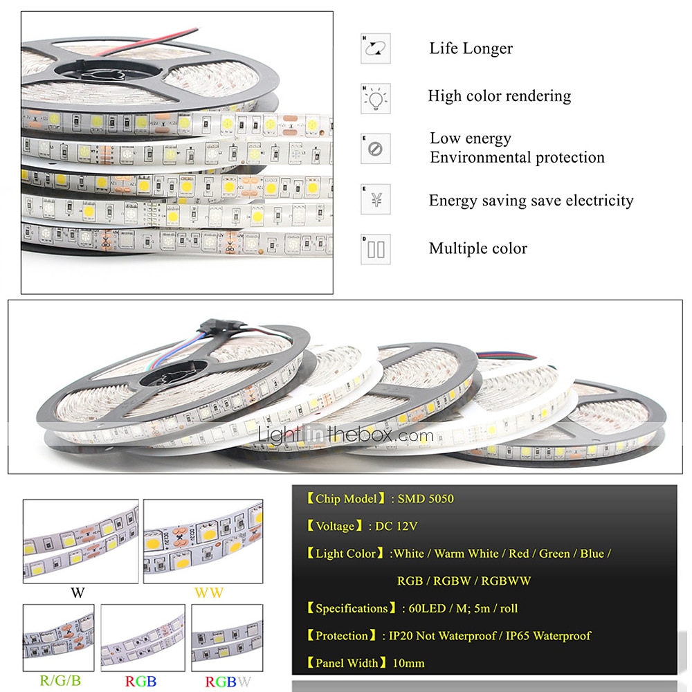 tiras de luces led flexibles 1m 2.5m 5m a prueba de agua o no a prueba de agua 5050 smd por metros 60 leds multicolor con fuente de alimentación de modo de conmutación dc12v 2026 - $6.99 –P10