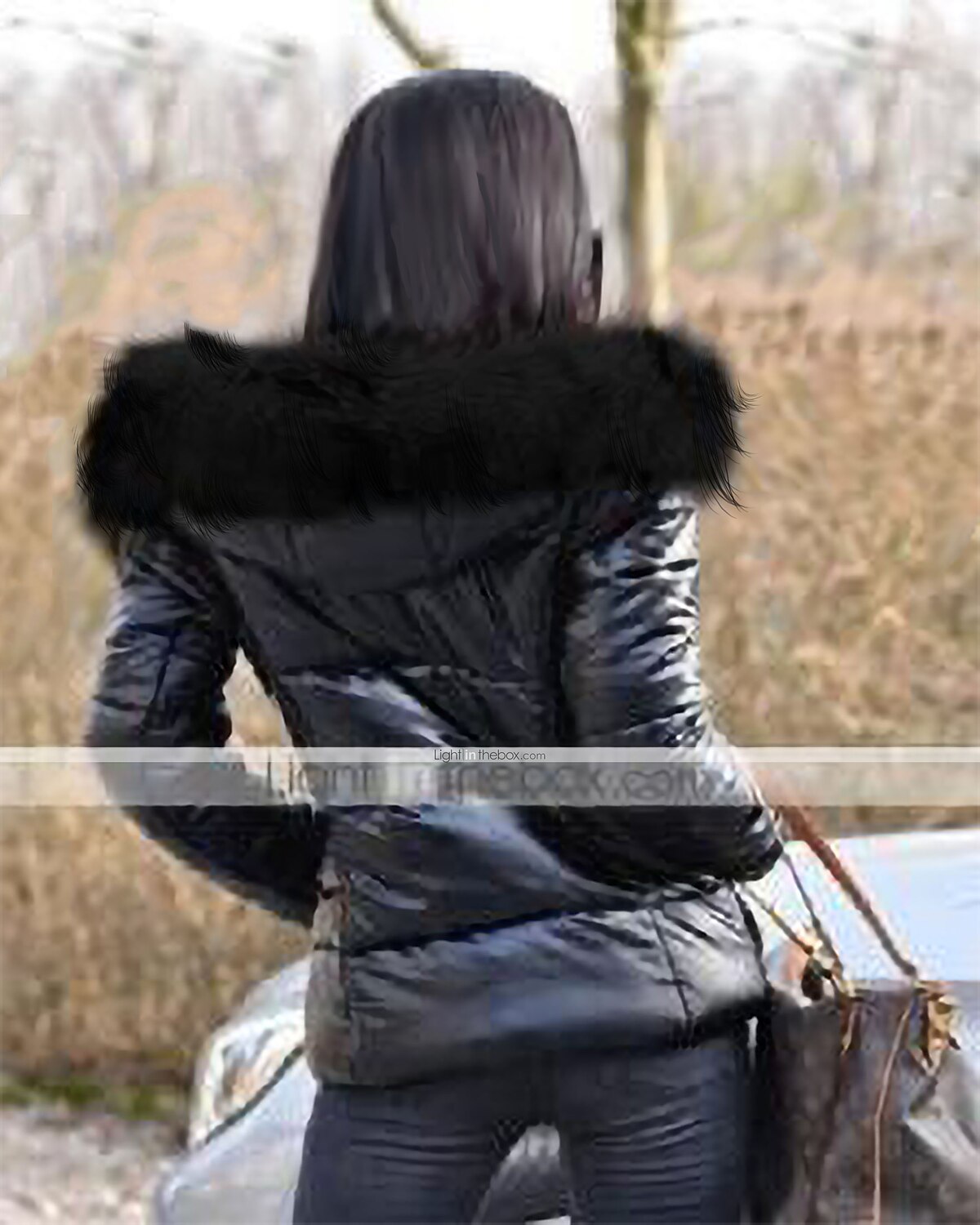 Aox Women Winter Fox Faux Fur Shiny Black Down Parka Hooded Slim