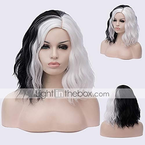 Puolittain valkoinen ja puolittain musta peruukki Cruella Deville peruukki jaettu väri synteettisestä hiuksesta olkapäälle ulottuva peruukki halloween peruukki 2025 - $21.99 –P4