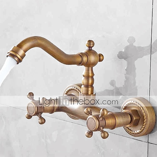 Art Deco Antique Brass Sprinkle Sink Faucets,  Wall Mount Two Handles Two Holes Kitchen Faucet with Hot and Cold Water Switch 2025 - $97.99 –P2