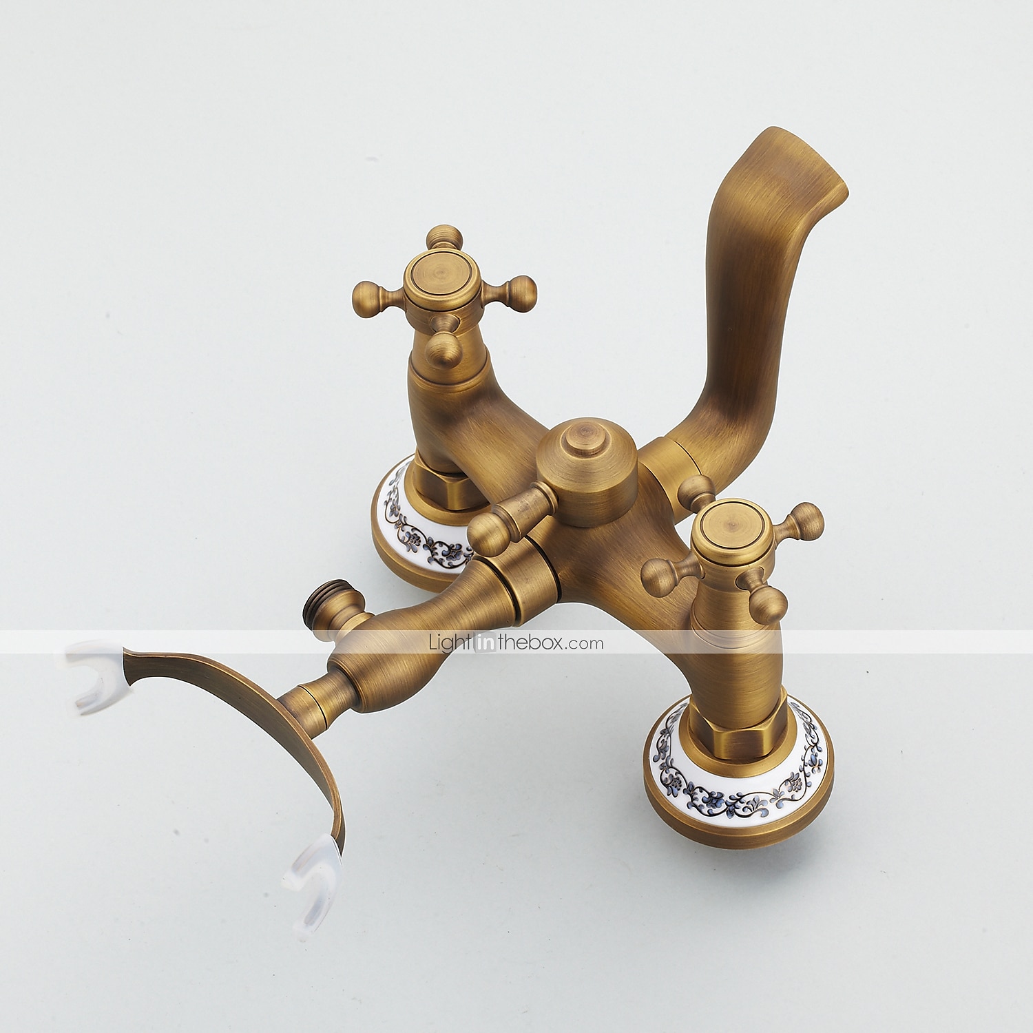 Grifo para lavabo de baño, instalación de pared con forma de teléfono de latón, grifo de bañera de dos manijas con acabado de cobre electrochapado de estilo rural extraíble con ducha de mano y desagüe 2025 - $202.49 –P7