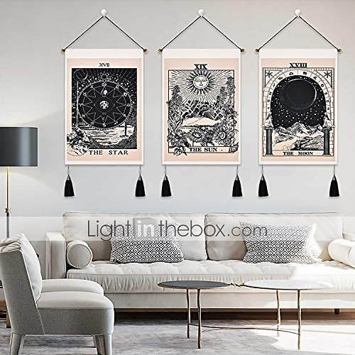 Boho-Packung mit 3 Tarot Weissagung gewebte böhmische Wandteppiche Kunstdekor Decke Vorhang zum Aufhängen Zuhause Schlafzimmer Wohnzimmer Dekoration nordische Baumwolle Leinen Quaste Mond Sterne 2025 - $34.99 –P4