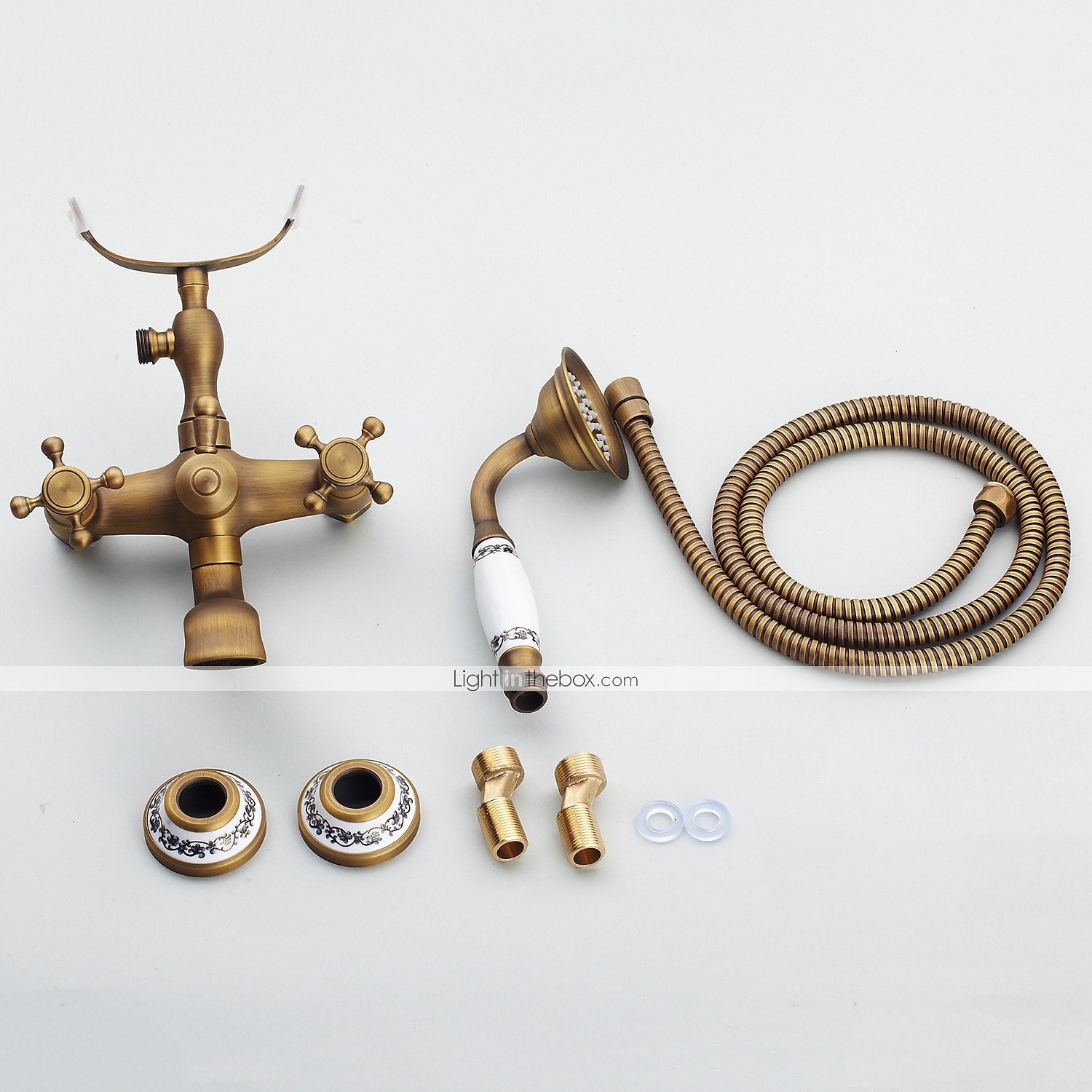 Grifo para lavabo de baño, instalación de pared con forma de teléfono de latón, grifo de bañera de dos manijas con acabado de cobre electrochapado de estilo rural extraíble con ducha de mano y desagüe 2025 - $202.49 –P2