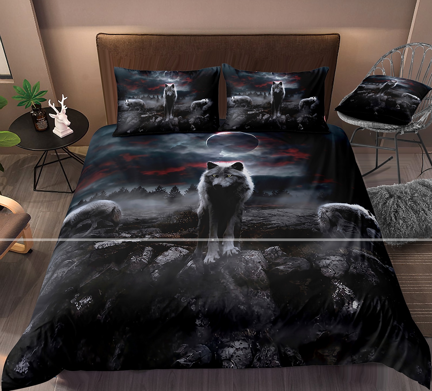 Ensembles de literie avec housse de couette à imprimé loup 3d Housse de couette avec 1 housse de couette ou couvre-lit ， 1 feuille ， 2 taies d'oreiller pour double / reine / roi (1 taie d'oreiller de 2025 ? $56.99 –P2