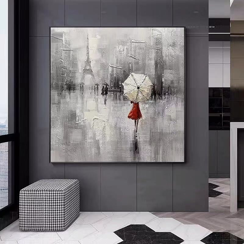 pintura al óleo de gran tamaño 100% hecho a mano arte de pared pintado a mano sobre lienzo torre eiffel mujeres sostienen un paraguas decoración moderna contemporánea decoración del hogar lienzo 2025 - $81.99 –P3