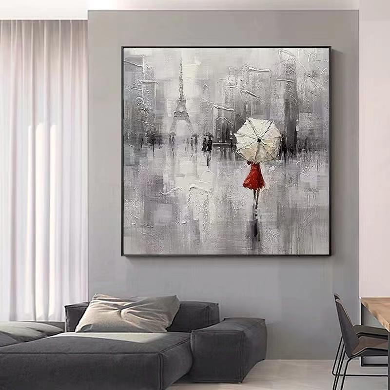 pintura al óleo de gran tamaño 100% hecho a mano arte de pared pintado a mano sobre lienzo torre eiffel mujeres sostienen un paraguas decoración moderna contemporánea decoración del hogar lienzo 2025 - $81.99 –P2