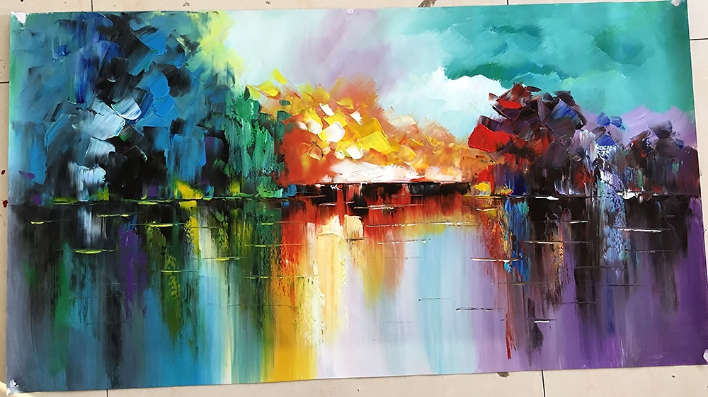 grande taille peinture à l'huile 100% fait main peint à la main art mural sur toile coloré lac abstrait floraison feux d'artifice décoration de la maison décor toile roulée pas de cadre non étiré de 2026 ? $100.99 –P8