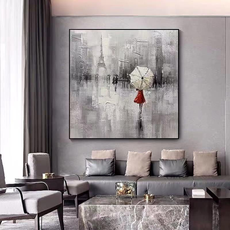 pintura al óleo de gran tamaño 100% hecho a mano arte de pared pintado a mano sobre lienzo torre eiffel mujeres sostienen un paraguas decoración moderna contemporánea decoración del hogar lienzo 2025 - $81.99 –P5