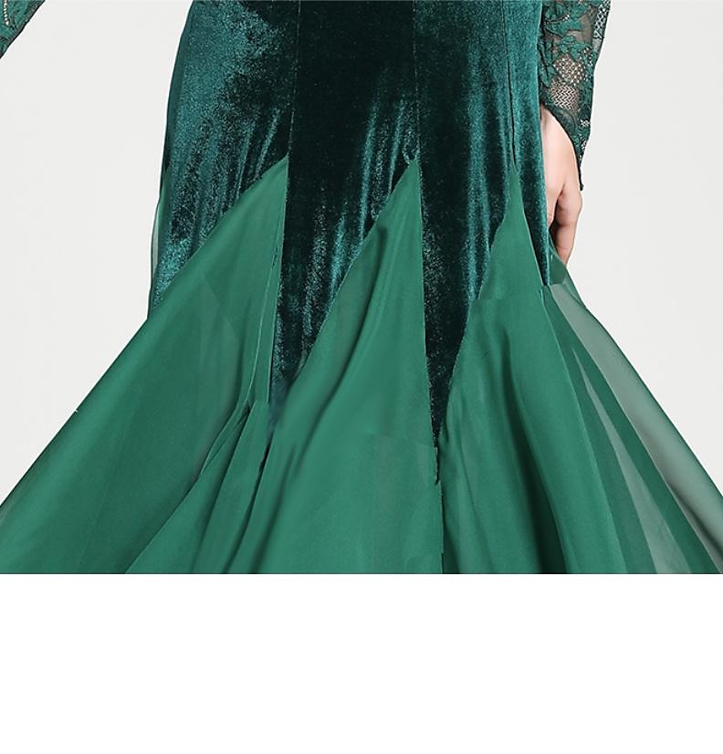 Ballroom Dance Dress Appliques Split Joint Women's Training Performance Long Sleeve Natural Chiffon Lace Velvet 2025 - $115.99 –P2