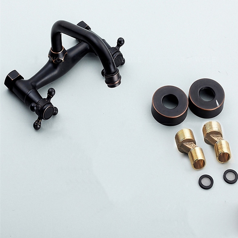 Bathroom Sink Mixer Faucet Wall Mount, Vintage 2 Handle 3 Holes Basin Taps with Cold Hot Water Hose, Washroom Mono Basin Vessel Taps Deck Mounted Oil-rubbed Bronze 2025 - $121.99 –P9