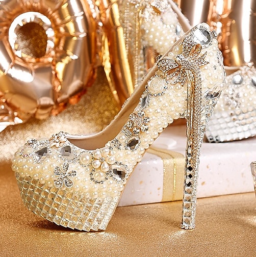 tacchi a spillo con plateau impreziositi da strass bianchi e perle da donna con fiocco – scarpe da sposa di lusso del 2025 a $109.99 –P1