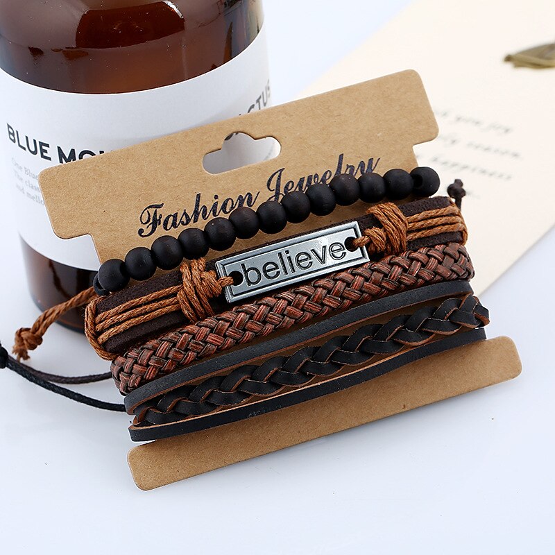 4-teiliges explosives Zubehör-Believe-Set, Herren-Rindslederarmband, Retro-gewebtes DIY-Lederarmband 2025 - $12.99 –P5