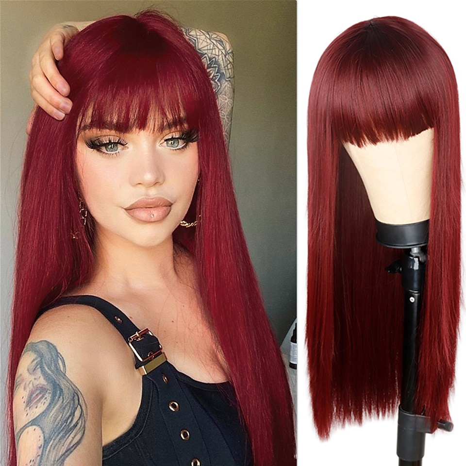 vinperuker för kvinnor syntetisk peruk naturlig rak fläta snygg bang peruk vinrött långt syntetiskt hår dam cosplay party blandad färg julfest peruker 2025 - $24.99 –P1