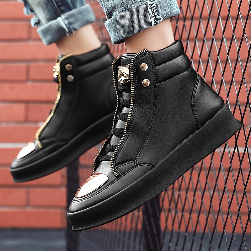 tênis cano alto branco masculino com detalhes metálicos dourados e zíper - calçados de luxo da moda streetwear de 2025 por $46.99 –P8