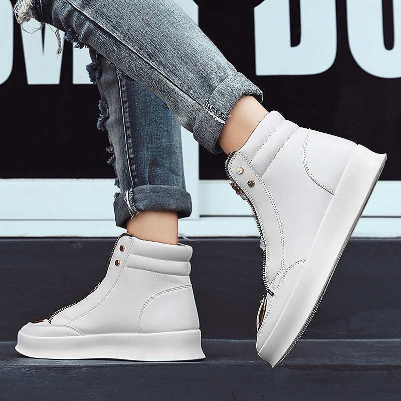 tênis cano alto branco masculino com detalhes metálicos dourados e zíper - calçados de luxo da moda streetwear de 2025 por $46.99 –P2