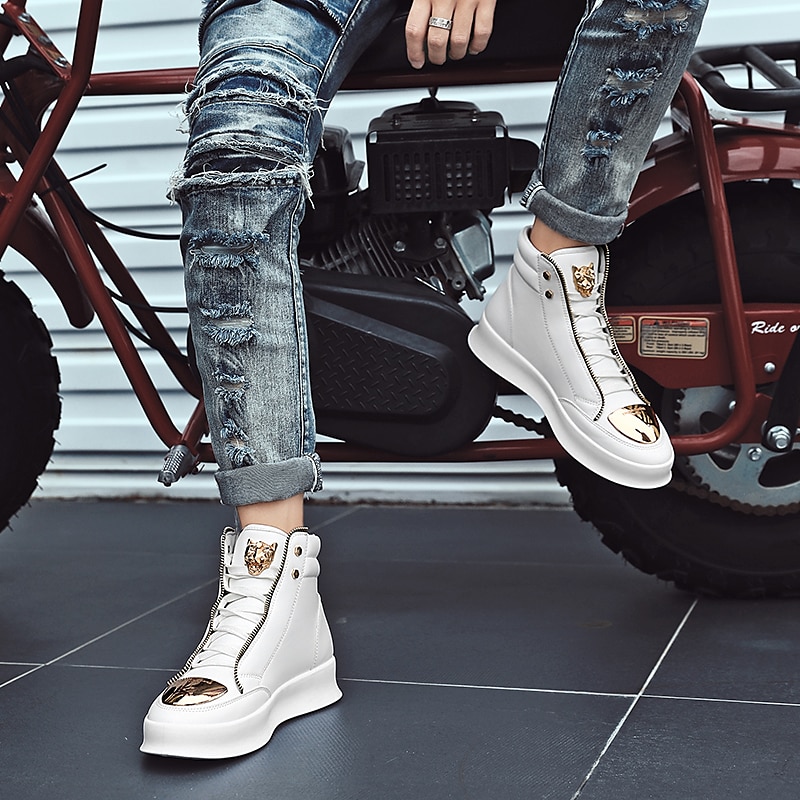 tênis cano alto branco masculino com detalhes metálicos dourados e zíper - calçados de luxo da moda streetwear de 2025 por $46.99 –P4