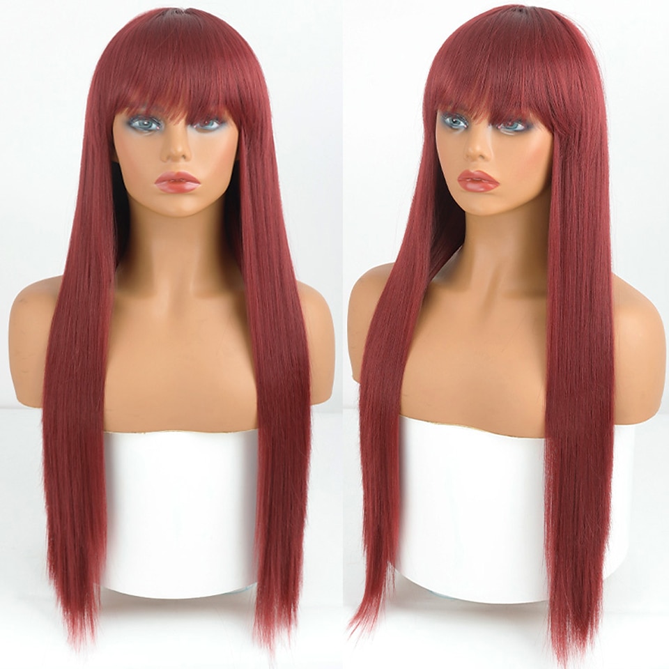 vinperuker för kvinnor syntetisk peruk naturlig rak fläta snygg bang peruk vinrött långt syntetiskt hår dam cosplay party blandad färg julfest peruker 2025 - $24.99 –P2