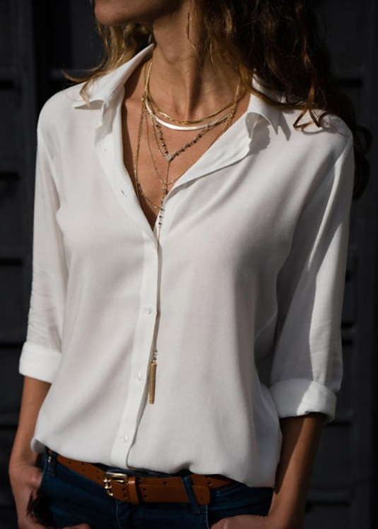 Per donna Camicia Blusa Nero Bianco Blu Liscio Manica lunga Ufficio Informale Colletto S del 2025 a $24.99 -P3