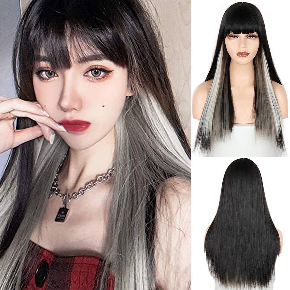 vinperuker för kvinnor syntetisk peruk naturlig rak fläta snygg bang peruk vinrött långt syntetiskt hår dam cosplay party blandad färg julfest peruker 2025 - $24.99 –P14