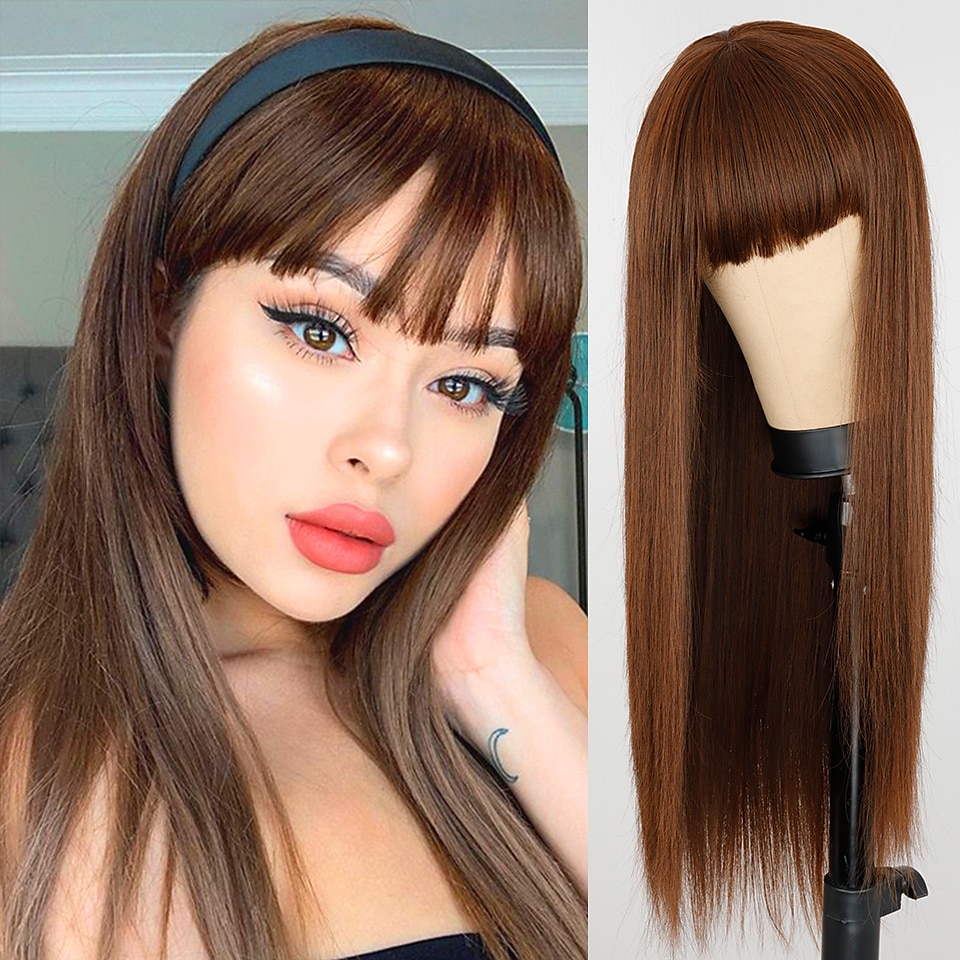 vinperuker för kvinnor syntetisk peruk naturlig rak fläta snygg bang peruk vinrött långt syntetiskt hår dam cosplay party blandad färg julfest peruker 2025 - $24.99 –P6