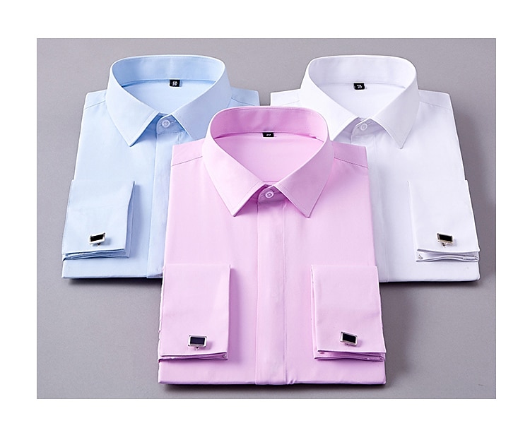 Men's Dress Shirt Button Up Shirt Collared Shirt French Cuff Shirts White Pink Blue Long Sleeve Plain Turndown Spring, Fall, Winter, Summer Wedding Party Clothing Apparel collared shirts 2023 - AED 125.99 –P2