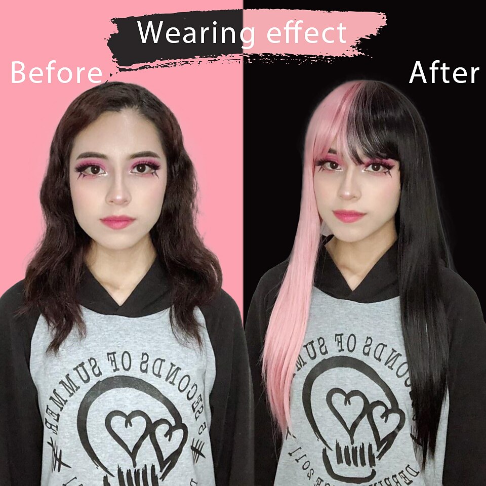 2025年 女性用ピンクウィッグ合成ウィッグナチュラルストレートニートバングウィッグ24インチa15a16 a17 a18a19人工毛女性のコスプレパーティーファッションブラックピンク コレクション – $25.99 –P1