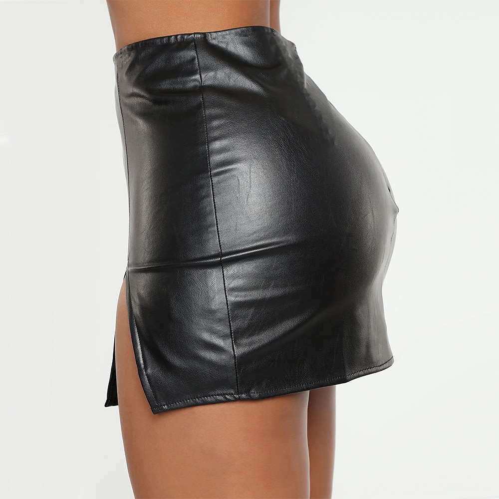 Női Ceruza Bodycon Mini Szoknyák Hasított Fényes fém Egyszínű Éjszakát és speciális alkalomra Randi Nyár Poliuretán Bőrutánzat Szexi Fekete Bor 2025 - $13.99 –P10