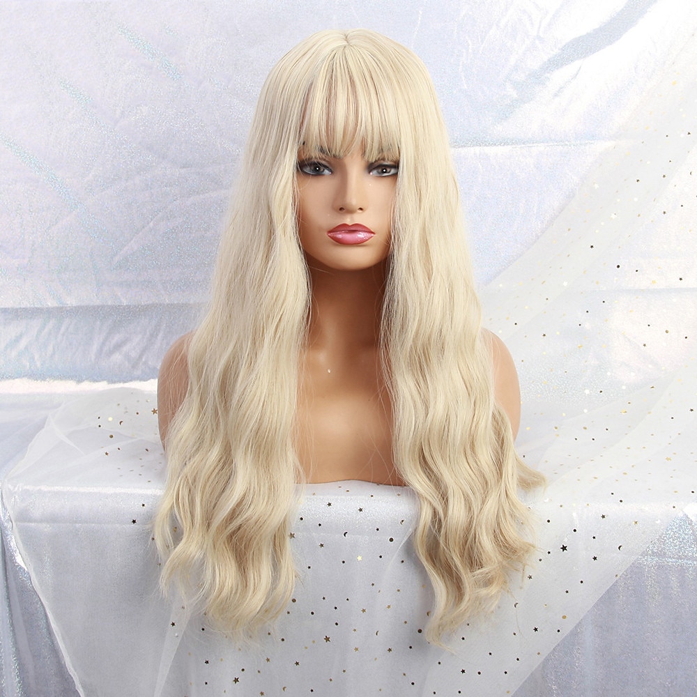 Blond paruky pro ženy syntetická paruka hluboká vlnitá úhledná třásňová paruka střední délka syntetické vlasy pro ženy cosplay párty móda blond halloween paruky 2025 - $22.99 –P1