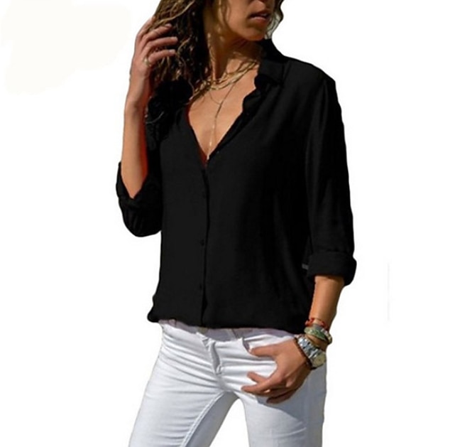 Per donna Camicia Blusa Nero Bianco Blu Liscio Manica lunga Ufficio Informale Colletto S del 2025 a $24.99 -P2