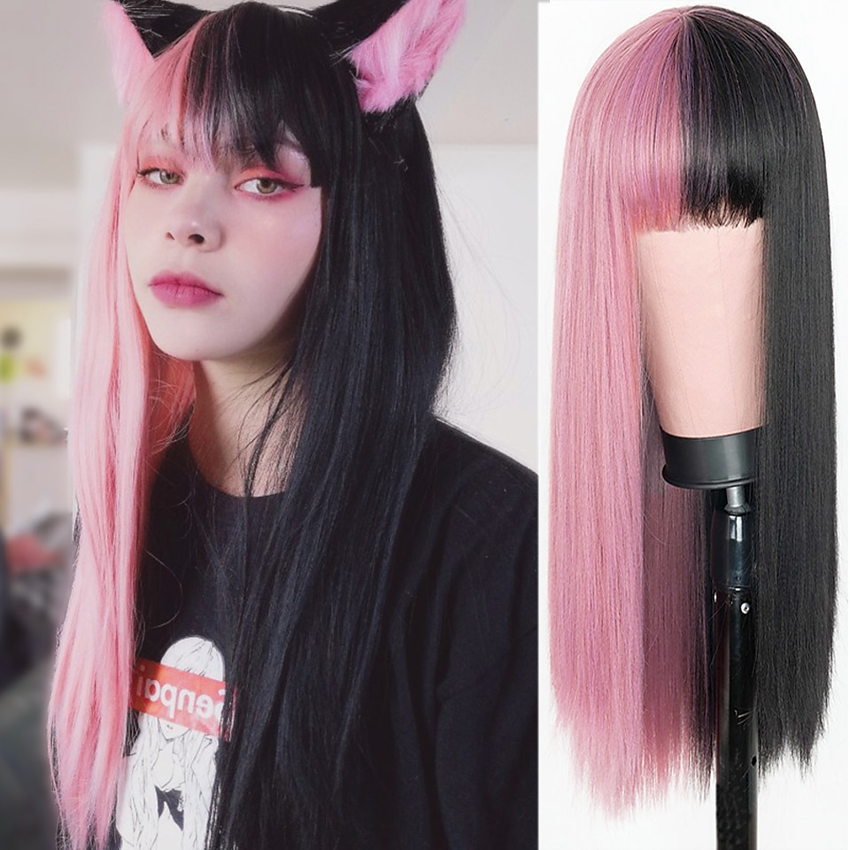 2025年 女性用ピンクウィッグ合成ウィッグナチュラルストレートニートバングウィッグ24インチa15a16 a17 a18a19人工毛女性のコスプレパーティーファッションブラックピンク コレクション – $25.99 –P6