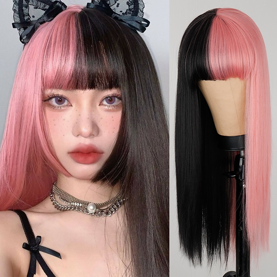 vinperuker för kvinnor syntetisk peruk naturlig rak fläta snygg bang peruk vinrött långt syntetiskt hår dam cosplay party blandad färg julfest peruker 2025 - $24.99 –P11