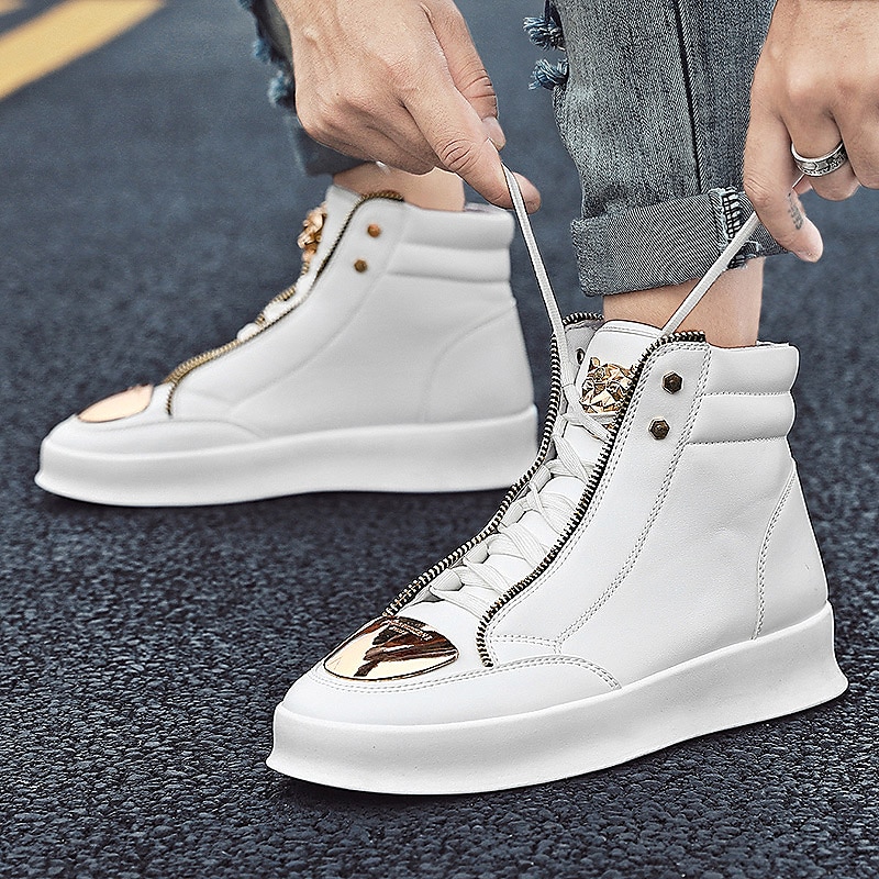 tênis cano alto branco masculino com detalhes metálicos dourados e zíper - calçados de luxo da moda streetwear de 2025 por $46.99 –P1