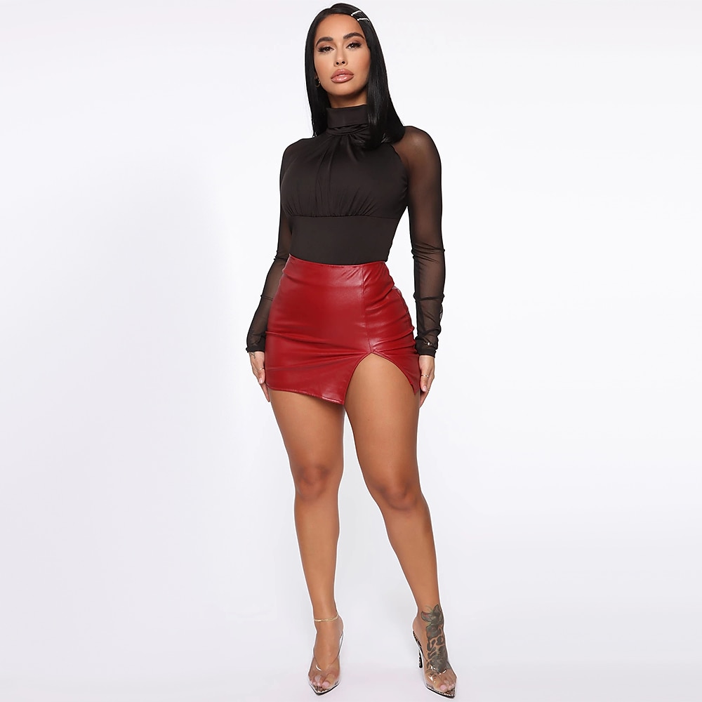 Női Ceruza Bodycon Mini Szoknyák Hasított Fényes fém Egyszínű Éjszakát és speciális alkalomra Randi Nyár Poliuretán Bőrutánzat Szexi Fekete Bor 2025 - $13.99 –P5