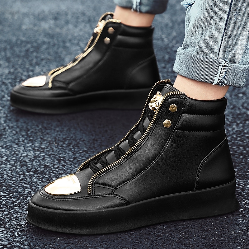 tênis cano alto branco masculino com detalhes metálicos dourados e zíper - calçados de luxo da moda streetwear de 2025 por $46.99 –P6