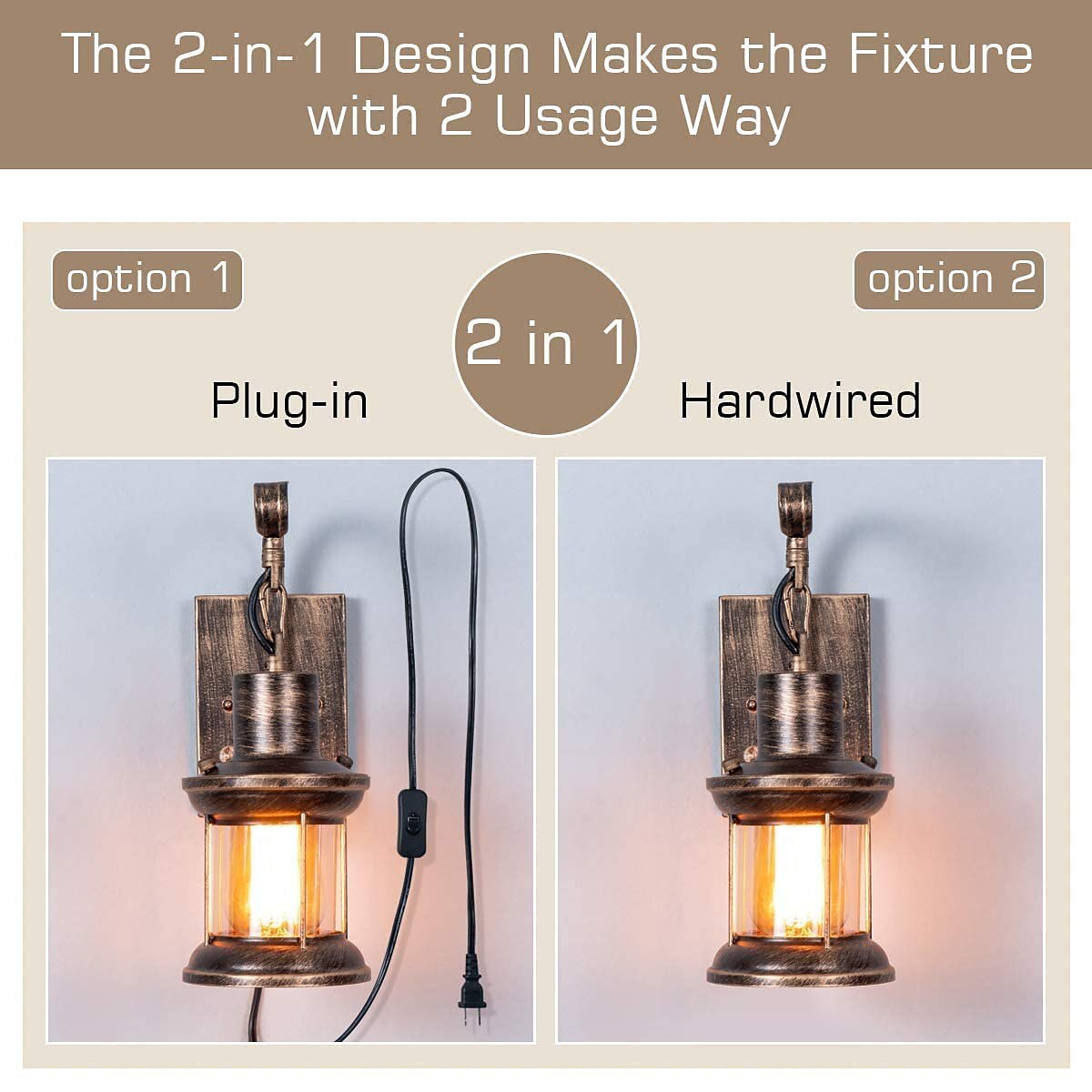 Lightinthebox Rustic Wall Light 2-in-1 Oil Rubbed Bronze Vintage Wall Light Bedside Lamp Fixtures Hardwired Plug In Industrial Glass Shade Lantern Lighting Retro Lamp 2025 - $116.99 –P1