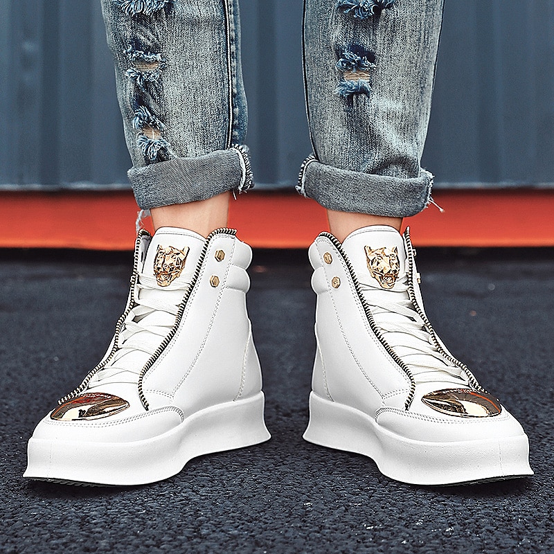 tênis cano alto branco masculino com detalhes metálicos dourados e zíper - calçados de luxo da moda streetwear de 2025 por $46.99 –P3