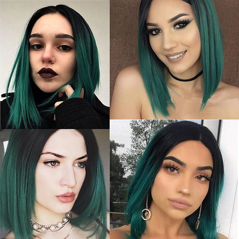 szintetikus paróka természetes egyenes rövid bob középső rész takaros bumm paróka rövid a1 a2 a3 a4 a5 szintetikus haj női cosplay party divat zöld 2025 - $20.99 –P3