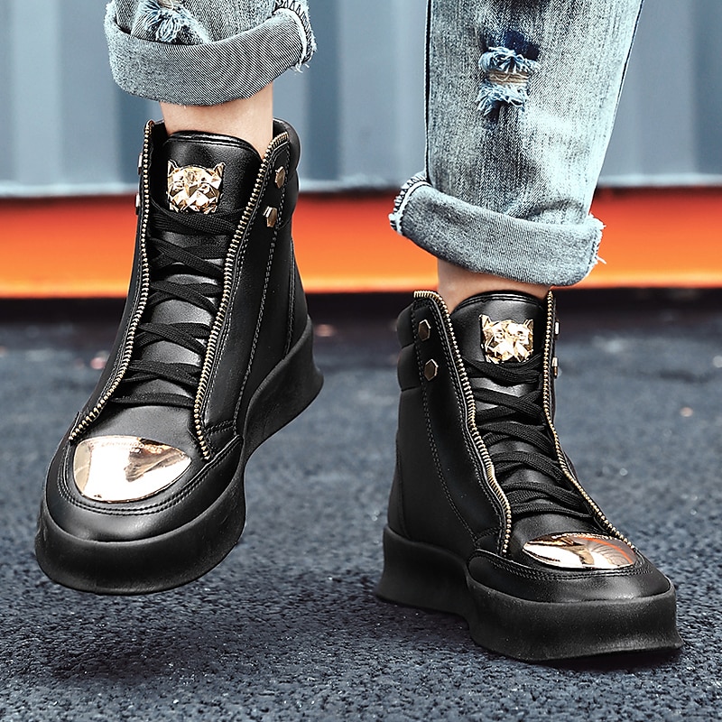 tênis cano alto branco masculino com detalhes metálicos dourados e zíper - calçados de luxo da moda streetwear de 2025 por $46.99 –P7