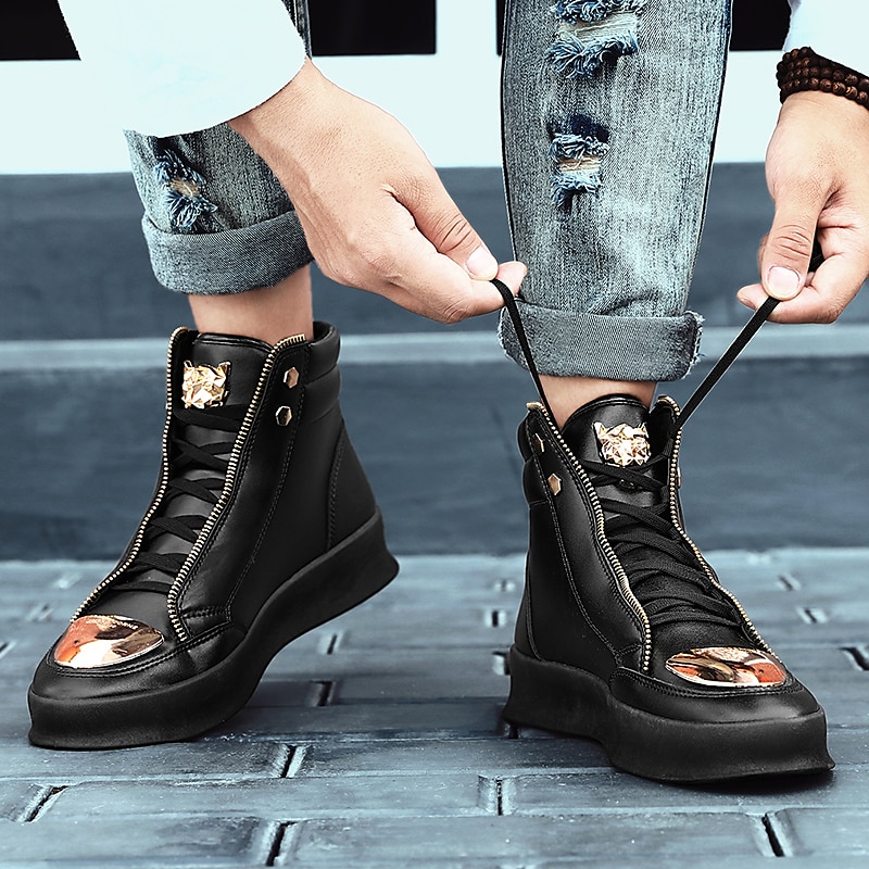 tênis cano alto branco masculino com detalhes metálicos dourados e zíper - calçados de luxo da moda streetwear de 2025 por $46.99 –P5