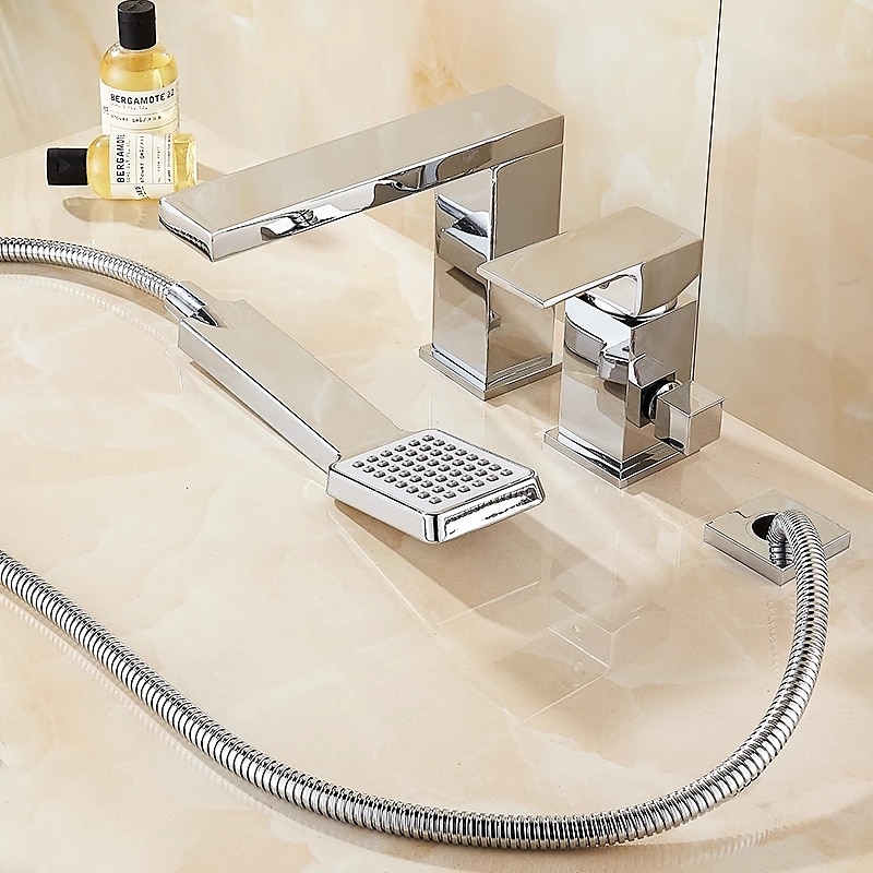 Bathtub Faucet - Contemporary Chrome Free Standing Ceramic Valve Bath Shower Mixer Taps / Three Handles Three Holes 2025 - $226.79 –P2