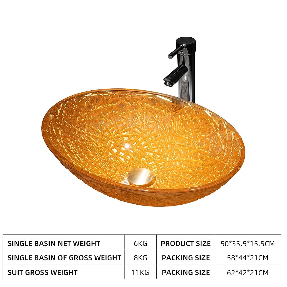Modern Luxury Art Orange Oval Die Cast Glass Wash Basin With Faucet, Basin Holder And Drain 2025 - $404.99 –P15