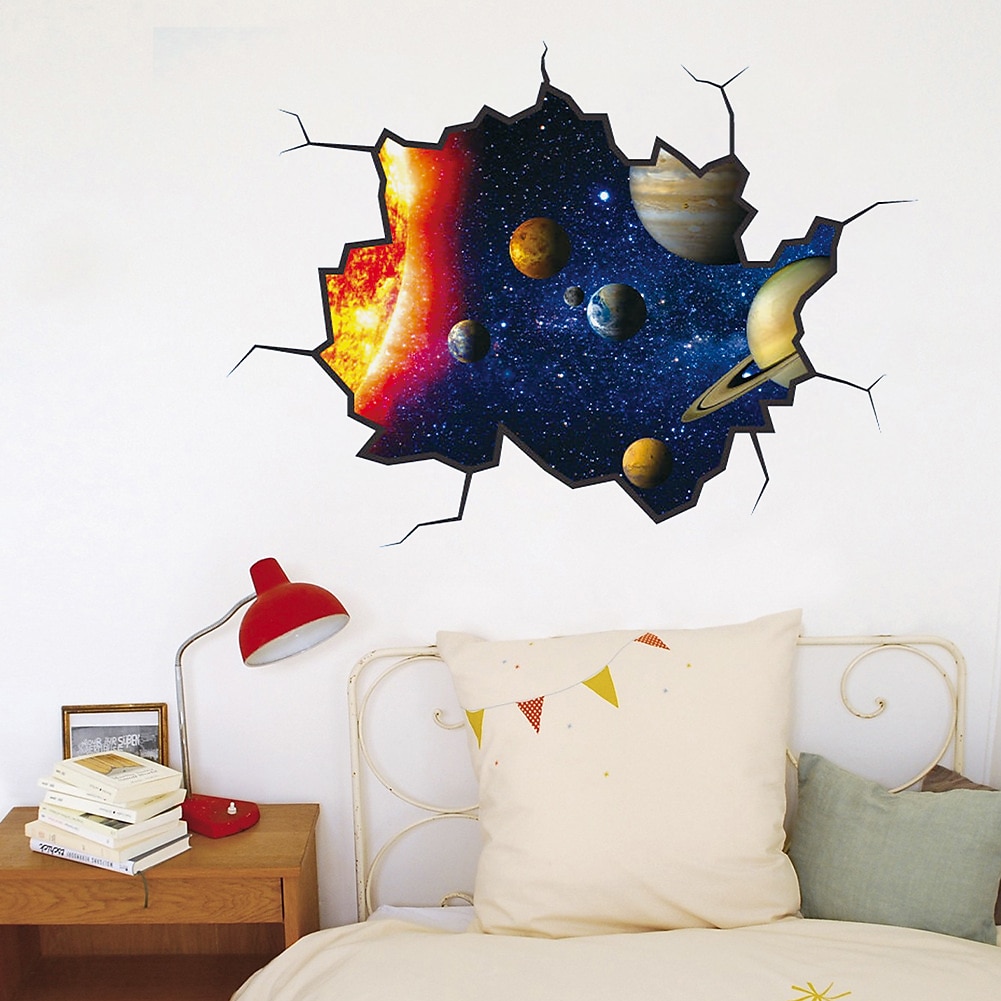 Children's Space Wall Sticker Self Adhesive Vinyl 3D Cracked Effect Sci-fi Print 