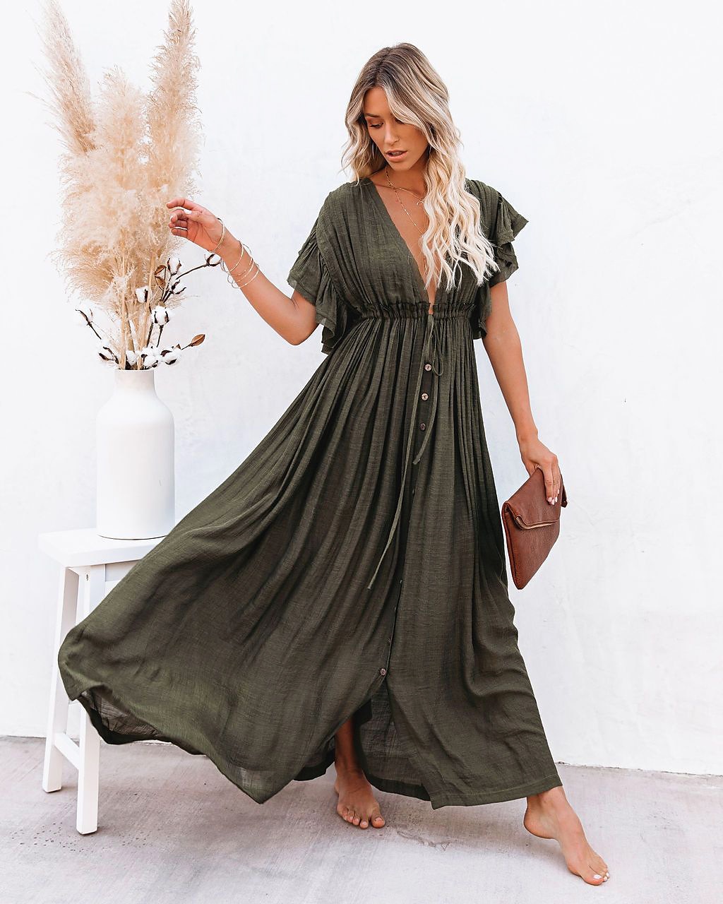 Női Keki zöld Narancssárga Rust Red Fekete Nyár Tavasz Ősz Hosszú ruha Maxi ruha Vászon ihletésű ruhák hétköznapi ruha Swing ruha Boho Tengerpart Laza öltözet Tiszta szín V-alakú 2025 - $32.99 –P4
