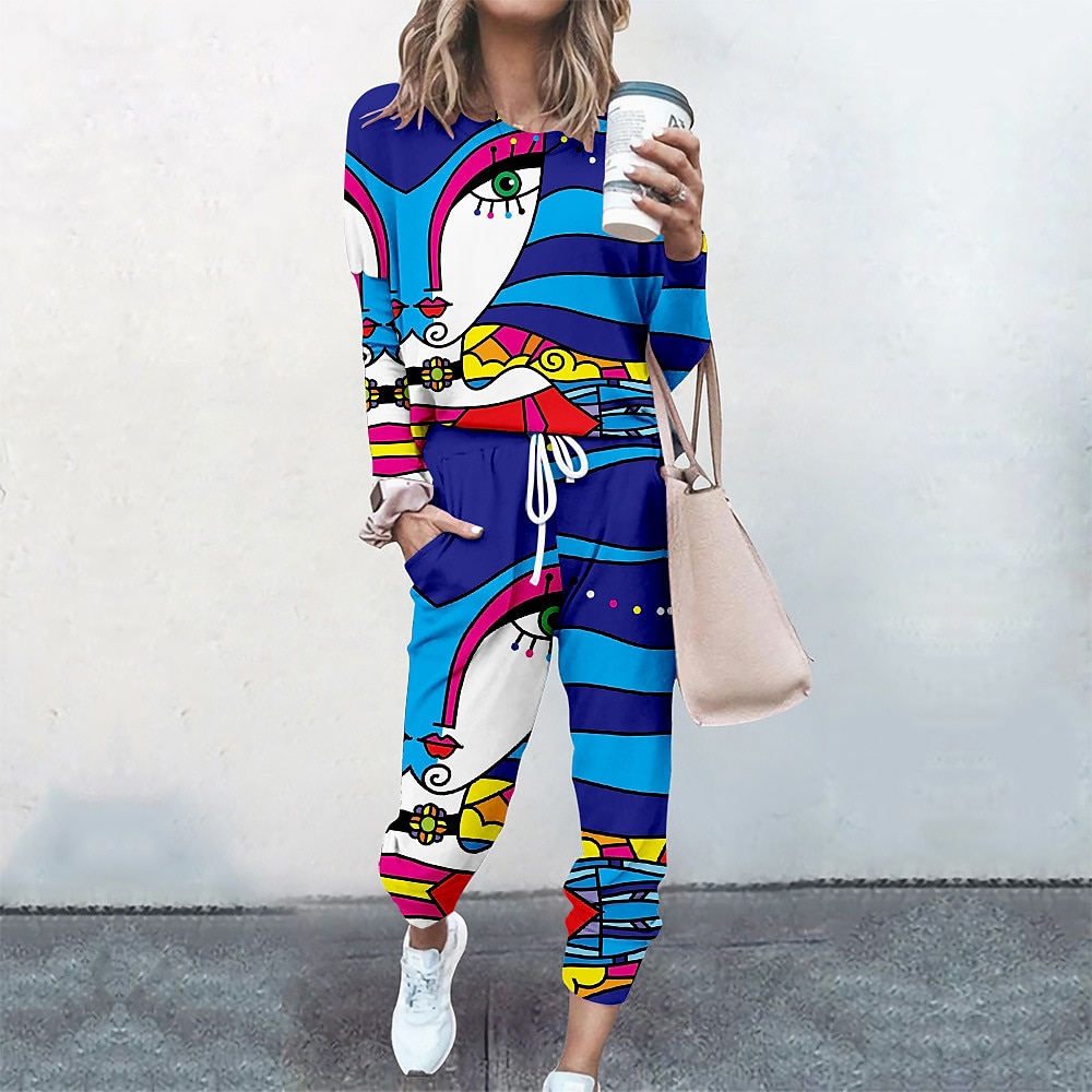 Women's Sweatshirt Tracksuit Pants Sets Streetwear Cinched Blue Yellow Going out Casual Daily Graphic Abstract Drawstring Print Crew Neck S M L XL XXL 2025 - $34.99 –P4