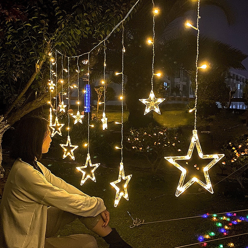 Luzes ao Ar Livre Solar LED Luzes de Cordão Cortina à Prova d'Água 3.5M Decoração Fairy Star Atmosfera Iluminação para Casamento Jardim Pátio Decoração Colorida com Controle Remoto de 2026 por $45.99 –P3