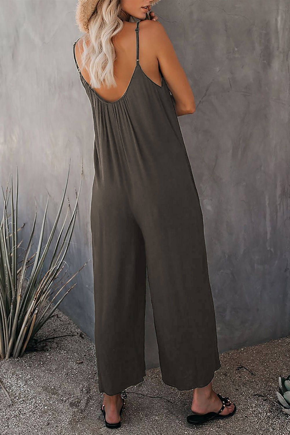 női jumpsuit egyszínű v nyak ünnepnapi kirándulás széles lábszár laza spagetti pántos khaki 3xl nyári 2025 - $24.99 –P2