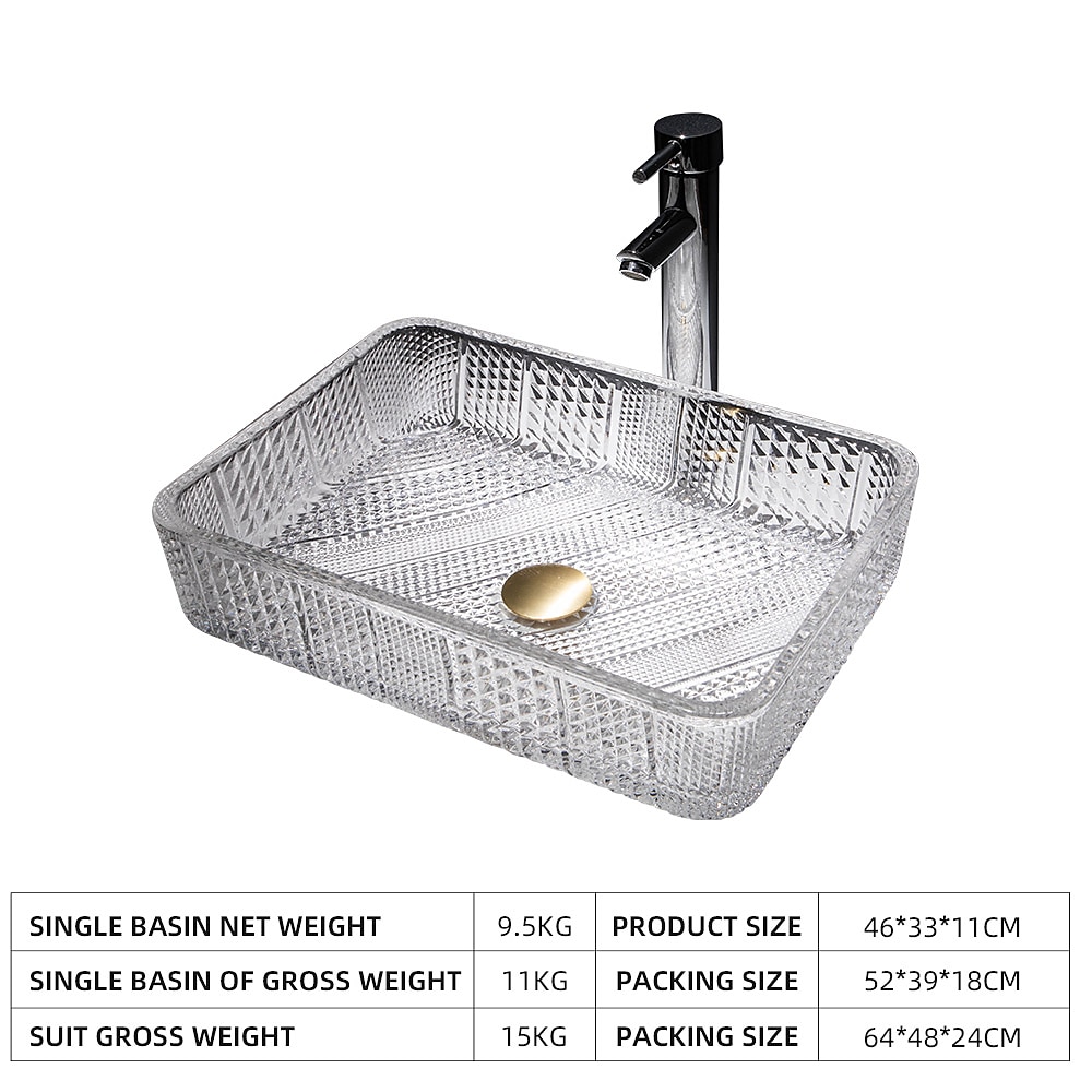 Le lavabo rectangulaire en verre moulé sous pression d'art transparent de luxe léger moderne avec évier de robinet de 2025 ? $333.79 –P17