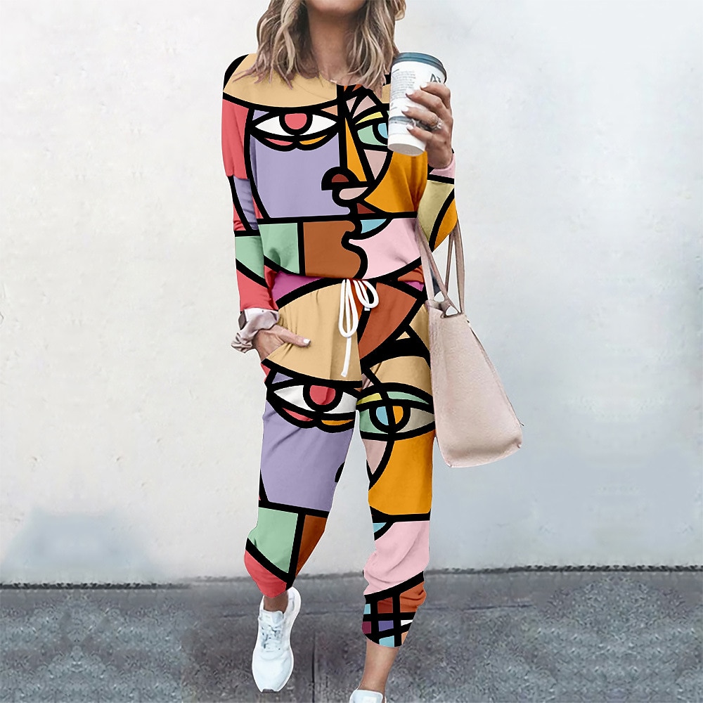 Women's Sweatshirt Tracksuit Pants Sets Streetwear Cinched Blue Yellow Going out Casual Daily Graphic Abstract Drawstring Print Crew Neck S M L XL XXL 2025 - $34.99 –P1