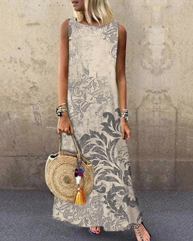 dámské maxi šaty sundress shift šaty letní šaty elegantní příležitostné dovolené party casual regular fit květinový potisk bez rukávů crew neck béžová léto jaro 2025 - $36.99 –P3